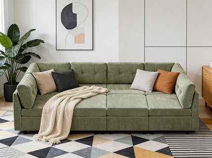 VANOMi 118 Inch Cloud Modular Sectional Sofa, 8 Seater Cloud Sectional Sofa Bed, Chenille Sofas & Couches for Living Room, Apartment, Office, Green