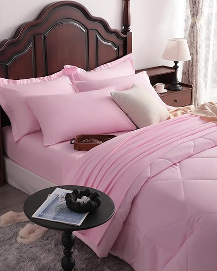 NTBAY Queen Comforter Set with Sheets, 7 Pieces Soft and Breathable Queen Bedding Set, Bed in a Bag, Down Alternative Comforter Set Solid Color All Season, Queen Bedding Set, Pink