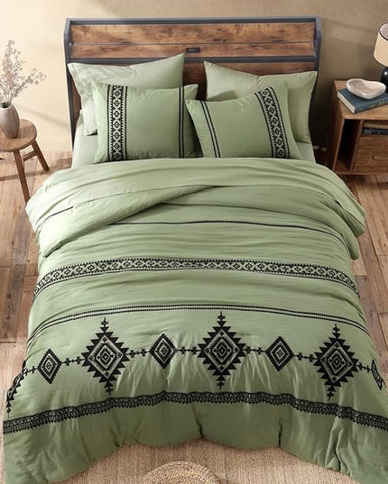MaiRêve Embroidery Comforter Sets Full Size, Light Olive Green Western Boho Bedding Set 7 Pieces, Farmhouse All Season Bed in A Bag Comforter Set with Sheets, Pillowcases & Shams