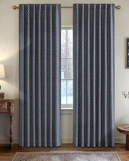 MIULEE Decorative Back Tab Linen Curtains with Geometric Pattern for Living Room Bedroom Farmhouse Rustic Thick Woven Textured Patterned Mudcloth Drapes 84 Inches Long 2 Panels Set, Blue