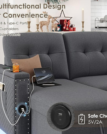 HIFIT 106" Sectional Couches for Living Room- Pull Out Sleeper Sofa Couch w/Storage Chaise,Storage Armrest,LED Light&USB Port&Cupholder, Modern Linen U Shaped Home Sofa Living Room Furniture Set, Grey