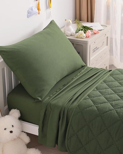 NTBAY Toddler Bedding Set - 4 Piece Soft and Breathable Crib Bedding Set for Boys and Girls, Includes Quilted Comforter, Fitted Sheet, Flat Top Sheet and Envelope Pillowcase, Olive Green