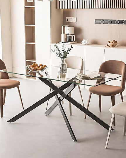 60" Rectangular Glass Dining Table Modern Kitchen Glass Top Table for 6 with Black Metal Legs, Clear Dining Table Kitchen Table for Home Office Dining Room