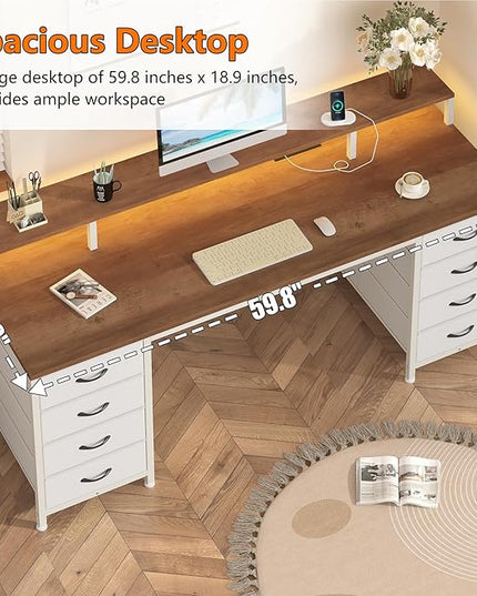 60 Inch Computer Desk with 8 Fabric Drawers, Gaming Desk with LED Lights & Power Outlets, Home Office Desk with Monitor Stand, Brown and White