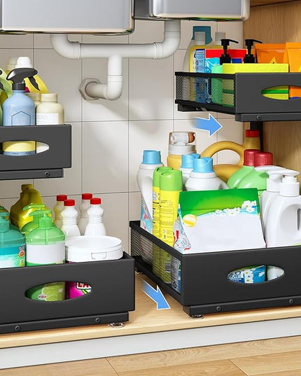 Under Sink Organizer, 2 Pack 2 Tier Pull Out Under Cabinet Organizer Shelf with Pad for Framed Cabinets, Metal Slide Out Under Sink Storage, Mesh Sliding Drawers for Kitchen Bathroom Laundry, Black