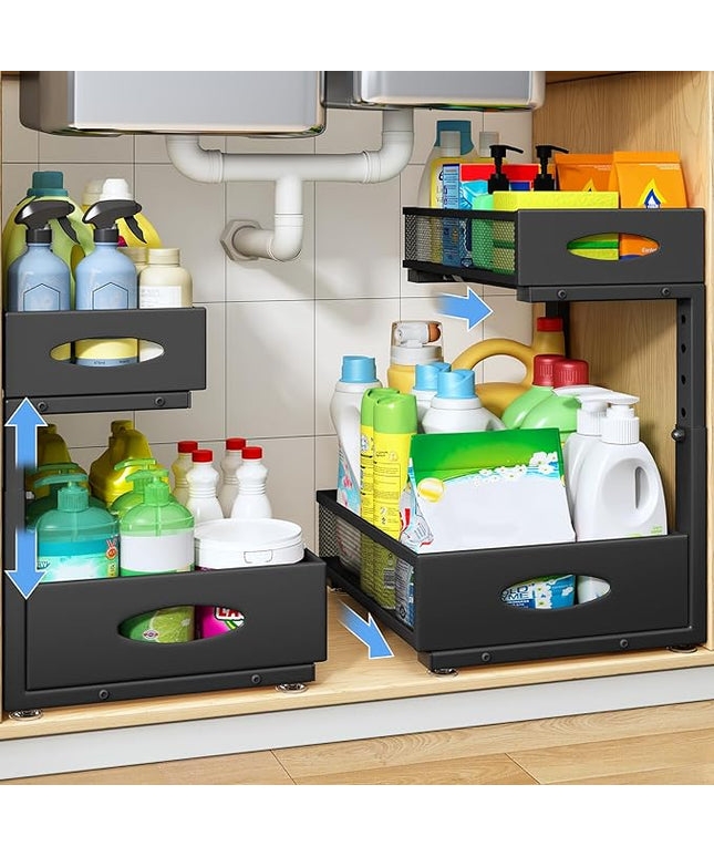 Under Sink Organizer, 2 Pack 2 Tier Pull Out Under Cabinet Organizer Shelf with Pad for Framed Cabinets, Metal Slide Out Under Sink Storage, Mesh Sliding Drawers for Kitchen Bathroom Laundry, Black