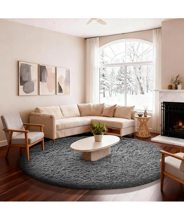 Ophanie Round Rug 6Ft Grey Circle Area Rugs, Fluffy Fuzzy Large Bedroom Carpet 6 foot, Plush Shag Solid indoor Floor Gray Living Room Christmas Circular Aesthetic Decor for Kids Teen Boys Baby,Nursery