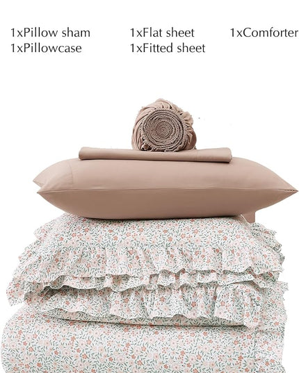 Twin XL Comforter Set - 5 Pieces Ruffle Pink Ditzy Bedding Sets, Shabby Chic Farmhouse Bed in a Bag Twin XL with Floral Comforter, Sheets, Pillowcase & Sham