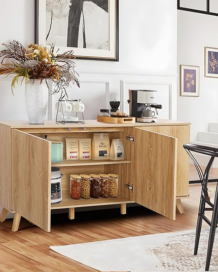 Fluted Sideboard Buffet Cabinet with Storage, Modern Storage Cabinet with 3 Doors, Wood Credenza Buffet Sideboards, Bar Cabinets Console Table for Kitchen Dining Living Room Entryway (Natural)