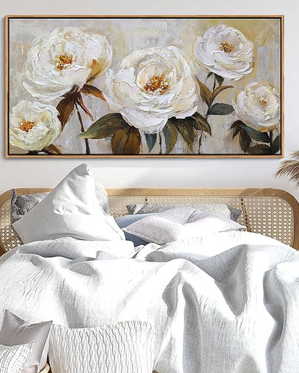 Flower Canvas Wall Art Textured Floral Picture Wall Decor White Large Elegant Painting for Living Room Modern Artwork for Home Decor Pictures for Bedroom Wall Decor 24×48IN