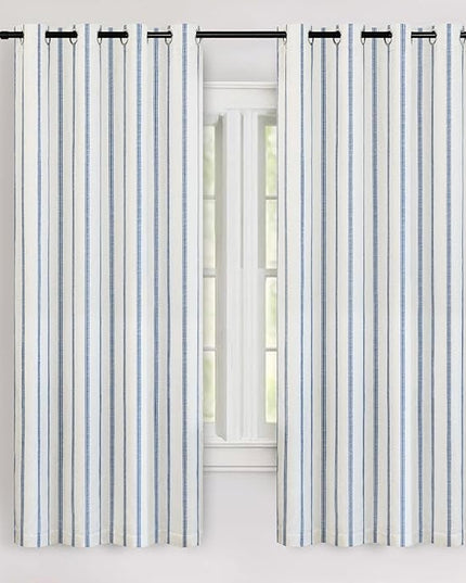 DriftAway Farmhouse Linen Blend Blackout Curtains 63 Inches Long for Bedroom Vertical Striped Printed Linen Curtains Thermal Insulated Lined Treatments for Living Room 2 Panels W52 x L63 Navy