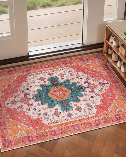 Ciicool Washable Vintage Area Rug, 2x3ft Small Boho Rug, Ultra Soft Rugs for Entryway, Non-Slip Entry Rugs Oriental Low-Pile Indoor Mat Floor Carpet for Entrance Bedroom Kitchen Bathroom Foyer Decor