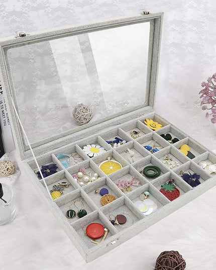 Stratalife Velvet Jewelry Organizer 24 Grid Jewelry Tray with Clear Glass Lid Display Showcase Storage Organizer Box for Earring Necklace Rings Dice Gray (24 Grids)