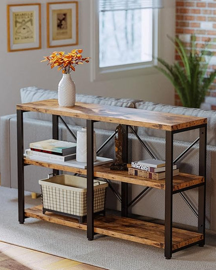 IRONCK Rustic Entryway Console Table, Long Hallway Table 47 in 3-Tier, TV Stand Entertainment Center Media Stand for Living Room, Industrial Style, Vintage Brown