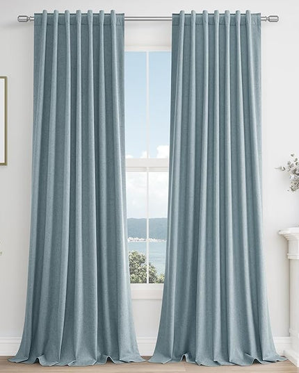 Blue Linen Blackout Curtains 144 Inch Length 2 Panels Set for Living Room Bedroom Back Tab Thermal Insulated 100% Black Out Linen Drapes Room Darkening Window Curtains 144 Inches Long Dusty Blue