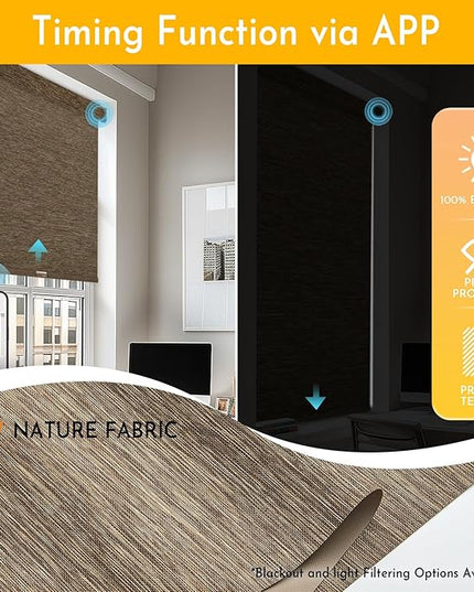 Persilux Smart Motorized Blinds with Remote, No Drill Automatic Roller Shades for Indoor Windows, Blackout Linen Fabric, Electric Blinds for Windows, Nature Brown C153BO-11, Custom Size