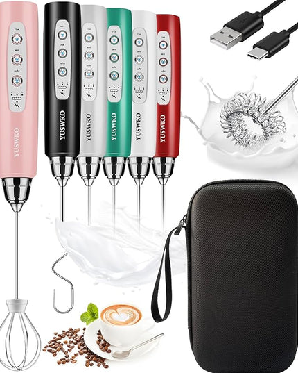 YUSWKO Rechargeable Milk Frother Handheld Frother Wand Drink Mixer for Coffee, Electric Whisk 3 Speed Adjustable, Coffee Foamer Maker with 3 Stainless Whisks Ideal Stirrers for Travel - Pink