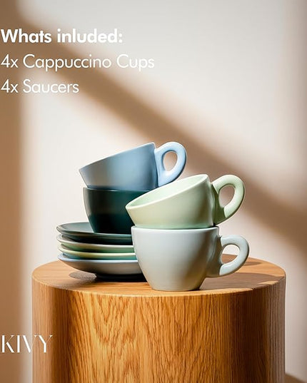 KIVY Cappuccino cups set of 4 [8oz] - Thick-walled stoneware cappuccino cup set for latte art - Cappuccino coffee cups - Tazas de cafe - Latte cups - Latte art cup and saucer set of 4 - Green, Blue