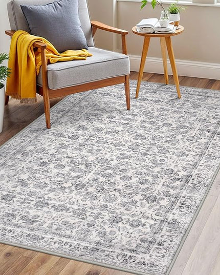 3x5 Washable Area Rug for Entryway, Grey Soft Distressed Floral Rug with Non-Slip, Low-Pile Vintage Neutral Area Rugs for Entryway Nursery Bedroom Dining, Dorm Carpet with Non-Shedding