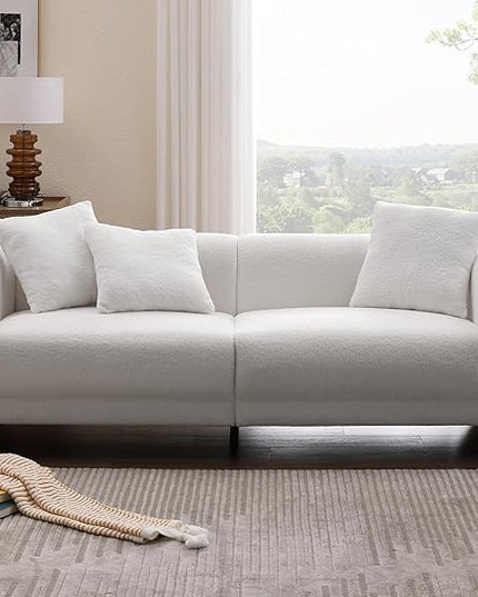 Morden Fort Modern Cloud Couch - 3 Seater Sherpa Boucle Sofa with Wood Legs, Ultra-Thick High Resilience Cushion with 3 Matching Pillows Upholstered Comfy Couch Sofa for Living Room - Off White