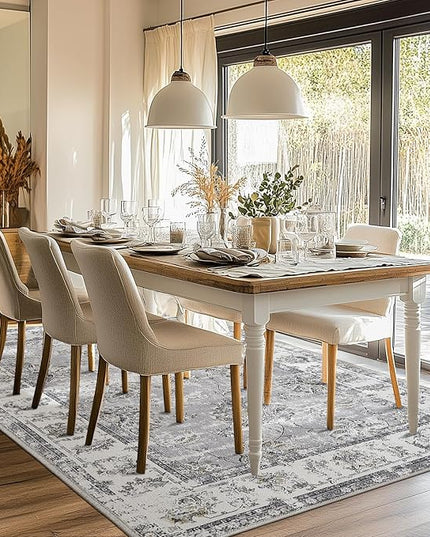 jinchan Fiora Washable Area Rug 8x10 for Living Room Soft Faux Wool Ultra-Thin Stain Resistant Non-Slip Distressed Vintage Floral Large Carpet for Bedroom Dining Room Home Office Nursery(Grey, 8'x10')