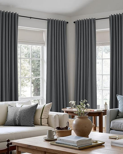 Guken 100% Blackout Curtains 120 Inch Length 2 Panels Set for Living Room Bedroom Back Tab Thermal Insulated Black Out Linen Drapes Room Darkening Blazer Grey,52x120