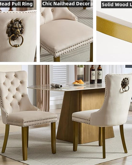 Modern 5-Piece Glass Dining Table Set for 4, Modern 60" Rectangle Gold Glass Dining Room Table Set with Beige Velvet Tufted Chairs Wood Legs for Kitchen Dining Room