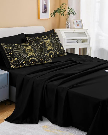 Bedbay Sun Moon Comforter Set 8 Pcs Black and Gold Trippy Galaxy Bedding Set Bed in a Bag Constellation Horoscope Bedding King Bed Set Cosmos Celestial Decor Quilted Duvet Insert(Gold,King)