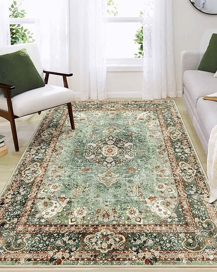 Green Rug 4'x6.5',Washable Area Rugs for Bedroom Living Room Kitchen Entryway,Small Boho Vintage Bohemian Distressed Oriental Non Slip Carpet