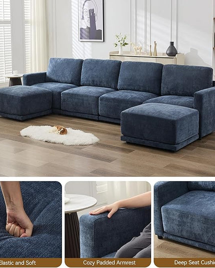 110.6" L Shaped Modular Sectional Sofa Modern Chenille Comfy Couch with Thickened Seat Cushions, Easy Assembly, Upholstered 4 Seater Couch with Movable Ottoman for Living Room, Blue