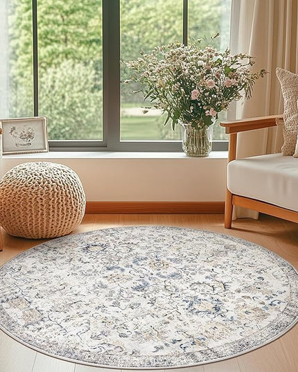 jinchan Kalen Round Rug 4ft Area Rug Entryway Washable Vintage Indoor Retro Floor Cover Distressed Floral 4' Round Circle Boho Non Slip Thin Carpet for Kitchen Bedroom Living Room Dining Room Blue