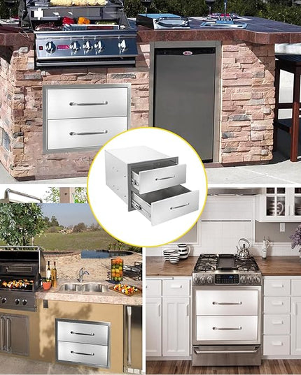 Outdoor Kitchen Drawers 18" W x 15" H x 23" D Flush Mount Double layer BBQ Drawers with Chrome Handle,Stainless Steel Built-in 2-Drawer for Outdoor Kitchen Island, Patio Grill Station