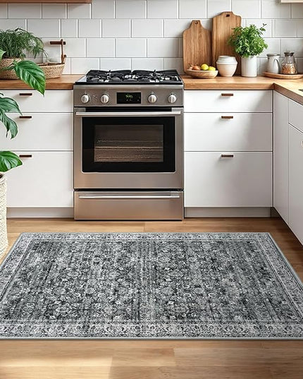 3x5 Washable Area Rug for Entryway, Moss Charcoal Soft Distressed Floral Rug with Non-Slip, Low-Pile Vintage Neutral Area Rugs for Living Room Nursery Bedroom, Dorm Carpet with Non-Shedding