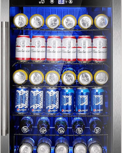 Wine Cooler 37 Bottle Freestanding Fridge with Stainless Steel Reversible Glass Door, 145 Can Beverage Refrigerator Quiet Compressor for Home Kitchen Bar, 4.5 Cu.ft Silver
