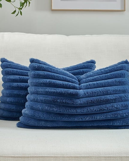 FUTEI Navy Blue Throw Pillow Covers Set of 2, 12x20 Inch Striped Texture Lumbar Pillow Cases with Soft Faux Rabbit Fur Front & Velvet Back, Modern Decorative Couch Pillows for Living Room
