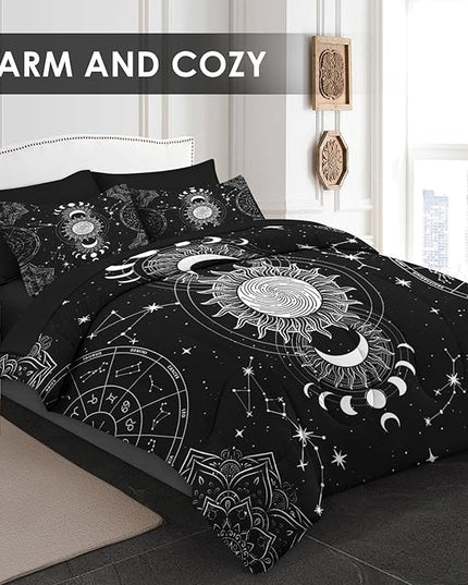 Comforter Set Queen Size, Sun Moon Tarot Vintage 7 Pcs Bedding for Kids and Adults, Boho Bohemian Retro Bed Sheet Sets with Fitted Sheet 2 Pillowcases & 2 Shams for Bedroom Bed Decor