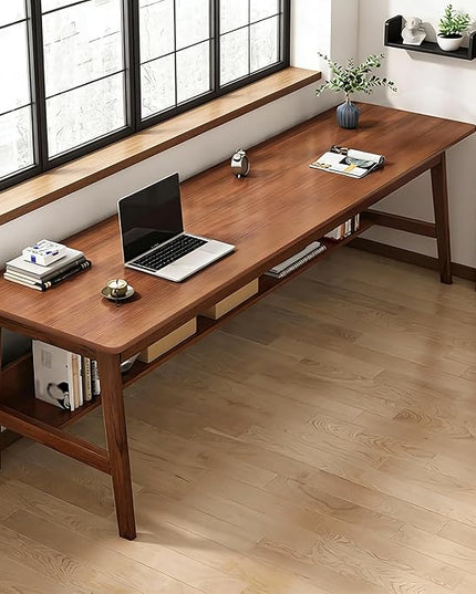 63” Extra Long Home Office Desk with Bookshelf, 2-Person Computer Workstation with Storage Shelf, Solid Wood Work & Study Table for Home Office, Walnut Finish