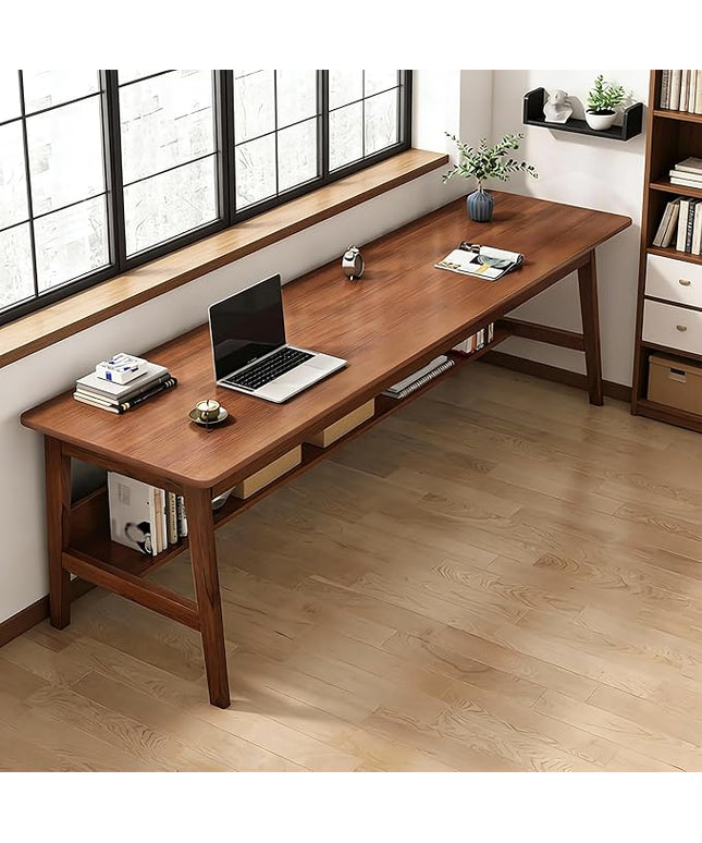 63” Extra Long Home Office Desk with Bookshelf, 2-Person Computer Workstation with Storage Shelf, Solid Wood Work & Study Table for Home Office, Walnut Finish