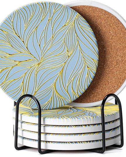 Hoewina 6Pcs Drink Coasters with Holder, Marble Style Ceramic Drink Coaster, Absorbent Coasters Set Suitable for Kinds of Cups, Modern Style Coaster for Coffee Table, 4 Inches（Gilded Relief