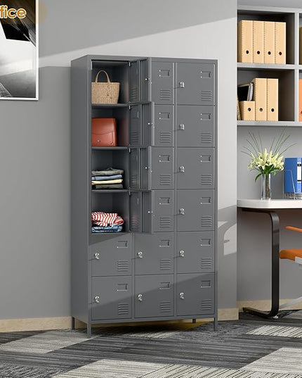 Aobabo 18 Doors Metal Locker for Employees,Metal Storage Locker Cabinet with Lock and Leg, for Office Garage School Home Industrial, Assembly Required, Dark Grey