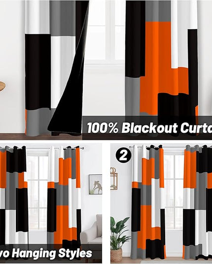 Orange 100% Blackout Curtains for Bedroom 108 inch Extra Long 2 Panels Set Black White Grey Modern Abstract Geometric Black Out Curtains Room Darkening Window Drapes for Living Room, 52Wx108L