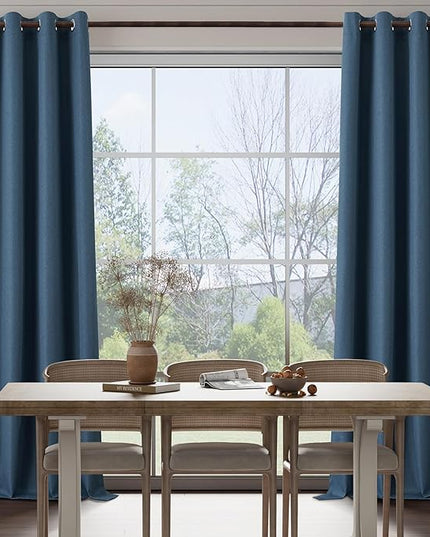 Light Weight Curtains 100% Blackout Linen Textured Curtains 96 Inch Length for Living Room, Bedroom, Full Blackout Curtains with Grommets Top, Dark Blue, 37" W x 96" L, 2 Panels