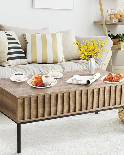 Lift Top Coffee Table with Storage Wooden Coffee Table Wave Stripe Dining Table for Living Room,43in,Teak