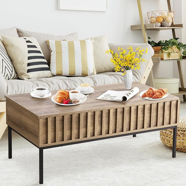 Lift Top Coffee Table with Storage Wooden Coffee Table Wave Stripe Dining Table for Living Room,43in,Teak
