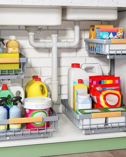 Pull out Cabinet Organizer, 1 Pack Under Sink Organizer, Slide out Metal Kitchen Cabinet Organizers Drawer Shelf, Sliding Storage Shelves for Kitchen Bathroom Pantry Closet Organization Rack(Grey)