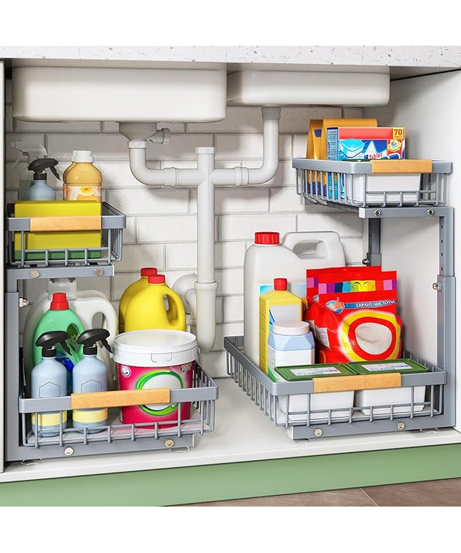 Under Sink Organizer, 2 Packs 2 Tier Under Sink Organizers and Storage, Slide out Pull out Cabinet Organizer Shelf, Metal Sliding Drawer for Kitchen Bathroom Pantry Closet Rack(Grey)