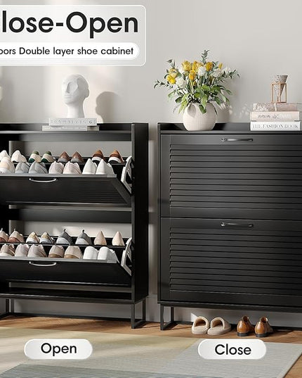 Maupvit Shoe Storage Cabinet with 2 Flip Louvered Doors, Freestanding Organizer with Metal Legs, Shoe Cabinet for Entryway, Narrow Shoe Rack Cabinet, Black