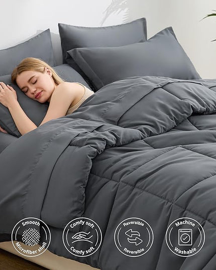 Love's cabin King Size Comforter Set Soot Grey, 7 Pieces King Bed in a Bag, All Season Bedding Sets with 1 Comforter, 1 Flat Sheet, 1 Fitted Sheet, 2 Pillowcase and 2 Pillow Sham