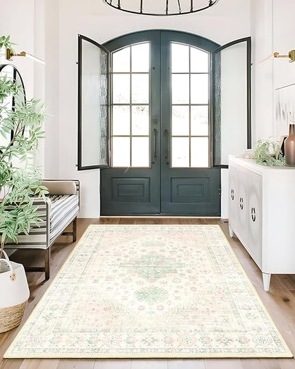 MUJOO 3x5 Rug Washable,Boho Area Rug for Bedroom Entryway Living Room Bathroom,Small Non Slip Indoor Throw Carpet Low Pile Light Pink and Green