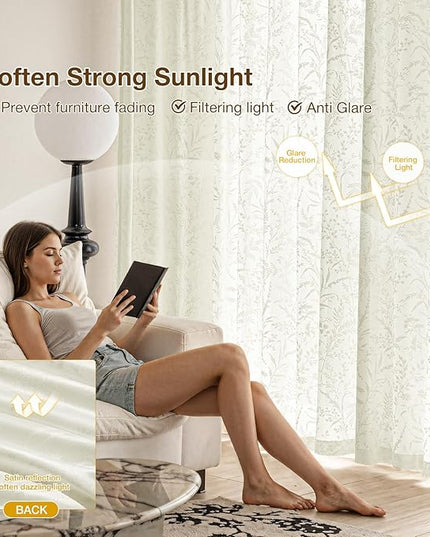 Anmao Cream Semi Sheer Light Filtering Curtains 54 Inches Long 2 Panels, Leaf Pattern Drapes for Living Room Bedroom, Rod Pocket Sheer Window Treatments with Floral Design, 52x54 Inch, Ivory